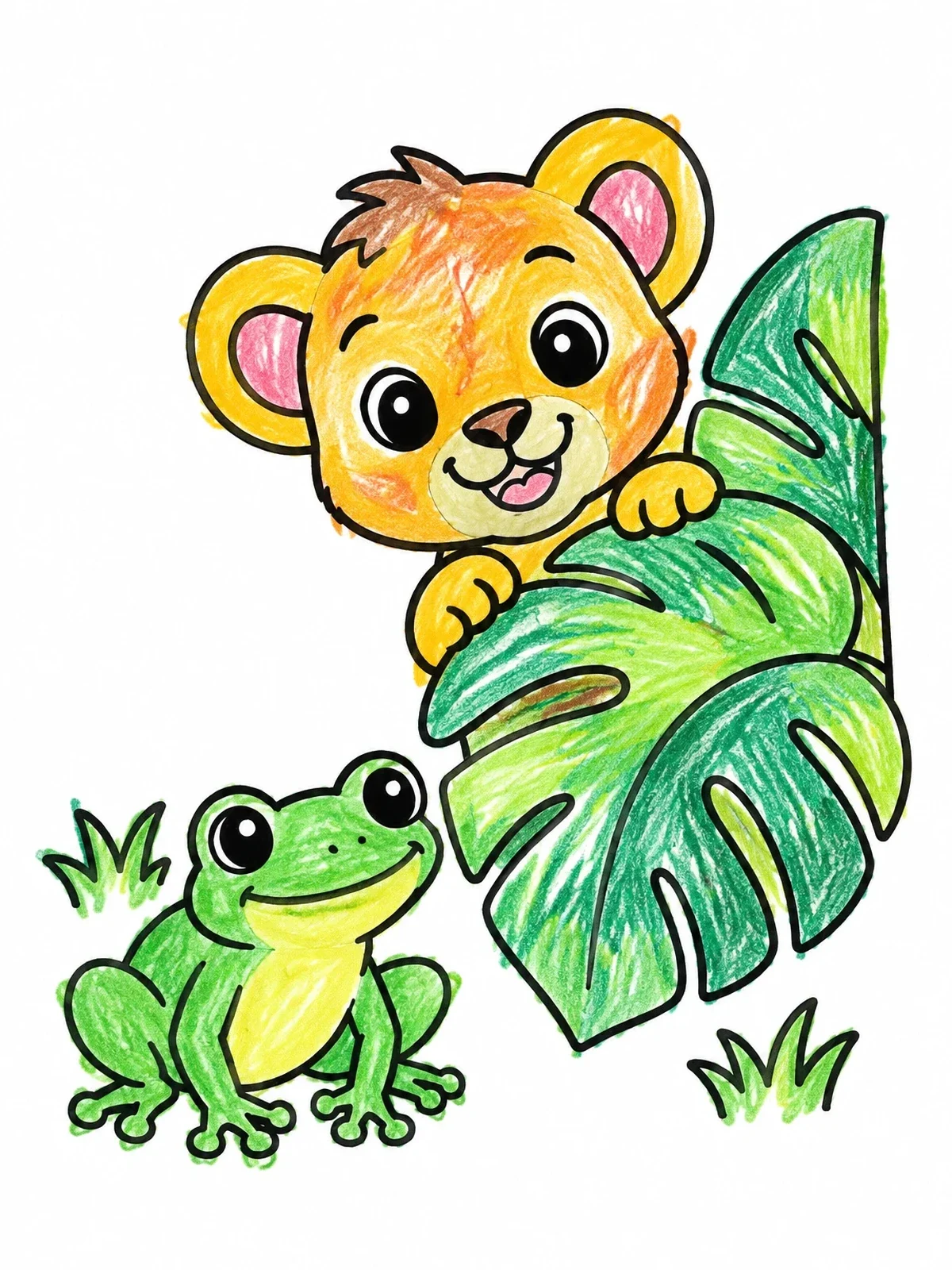 Colored example of the Playful Lion Cub And Little Frog coloring page