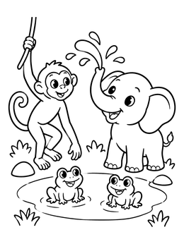 Free printable Playful Monkey And Splashing Baby Elephant coloring page