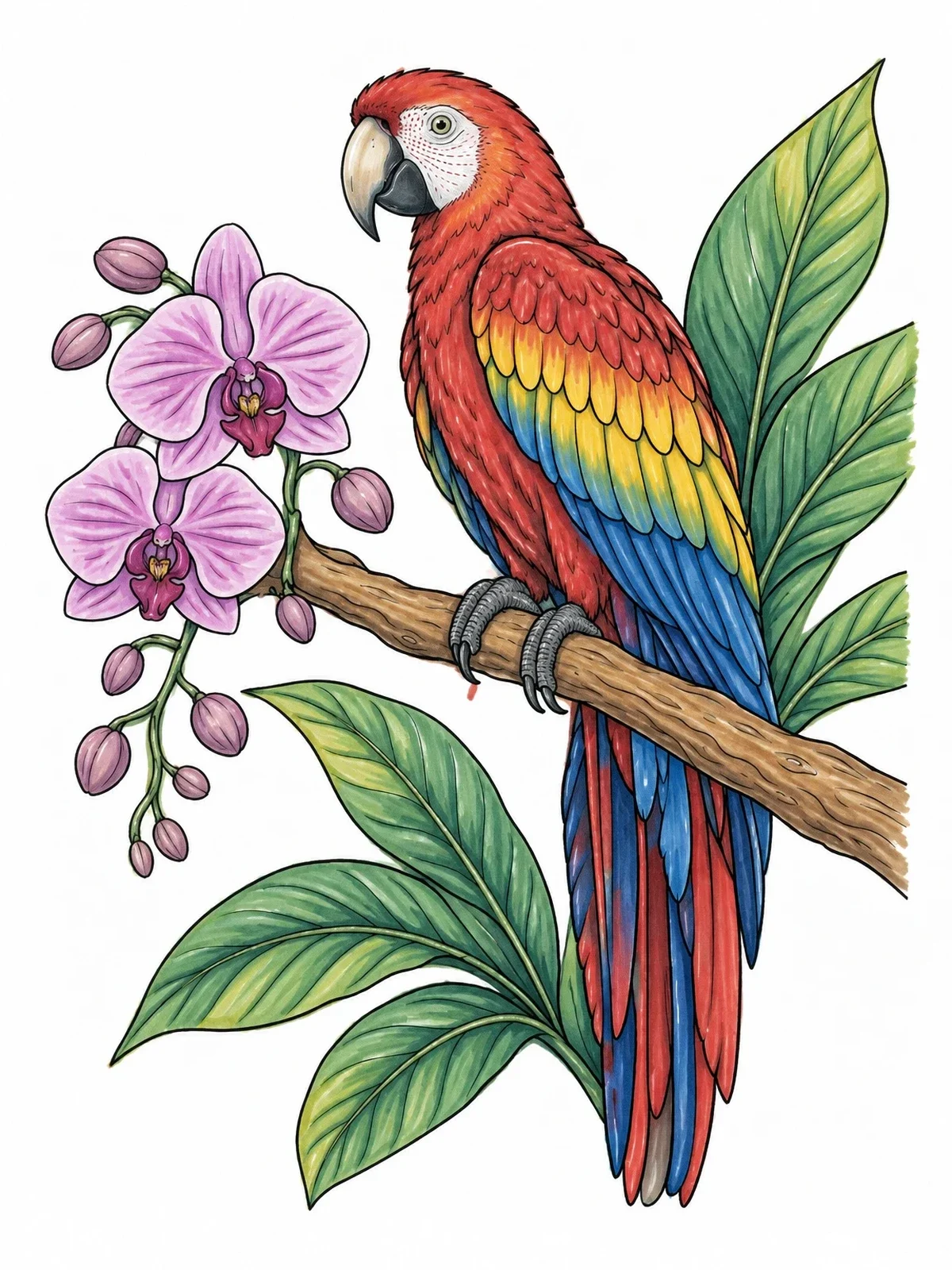 Colored example of the Scarlet Macaw Perched With Orchids coloring page