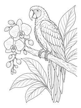 A detailed scarlet macaw rests near orchids in this jungle coloring page.