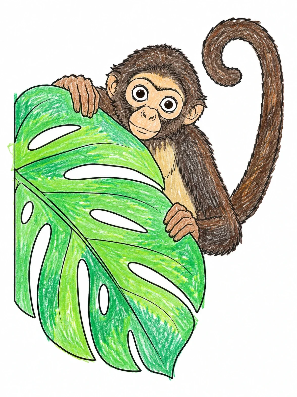 Colored example of the Spider Monkey Behind Monstera Leaf coloring page