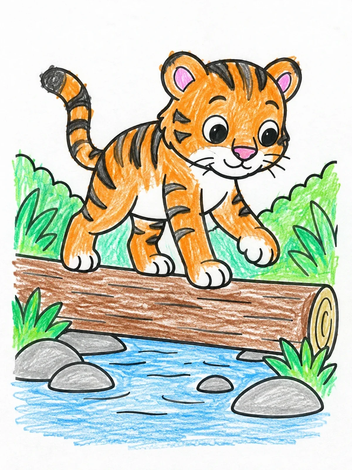 Colored example of the Tiger Cub Balancing On A Log coloring page