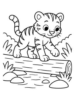 A cute tiger cub on a log in this jungle coloring page.