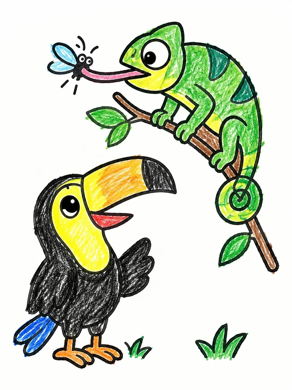 Colored example of the Toucan And Chameleon Catching Fly coloring page