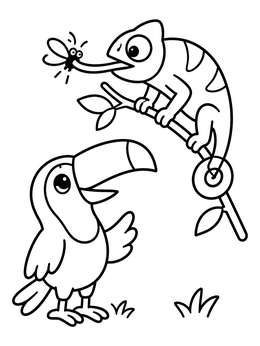 A toucan watches a chameleon catch a bug in this jungle coloring page.
