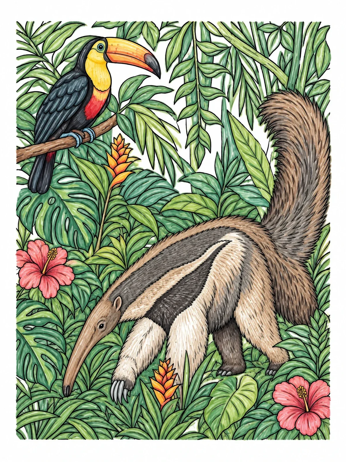 Colored example of the Toucan And Giant Anteater In Rainforest coloring page