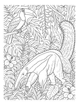 A toucan watches a giant anteater on this detailed jungle coloring page.