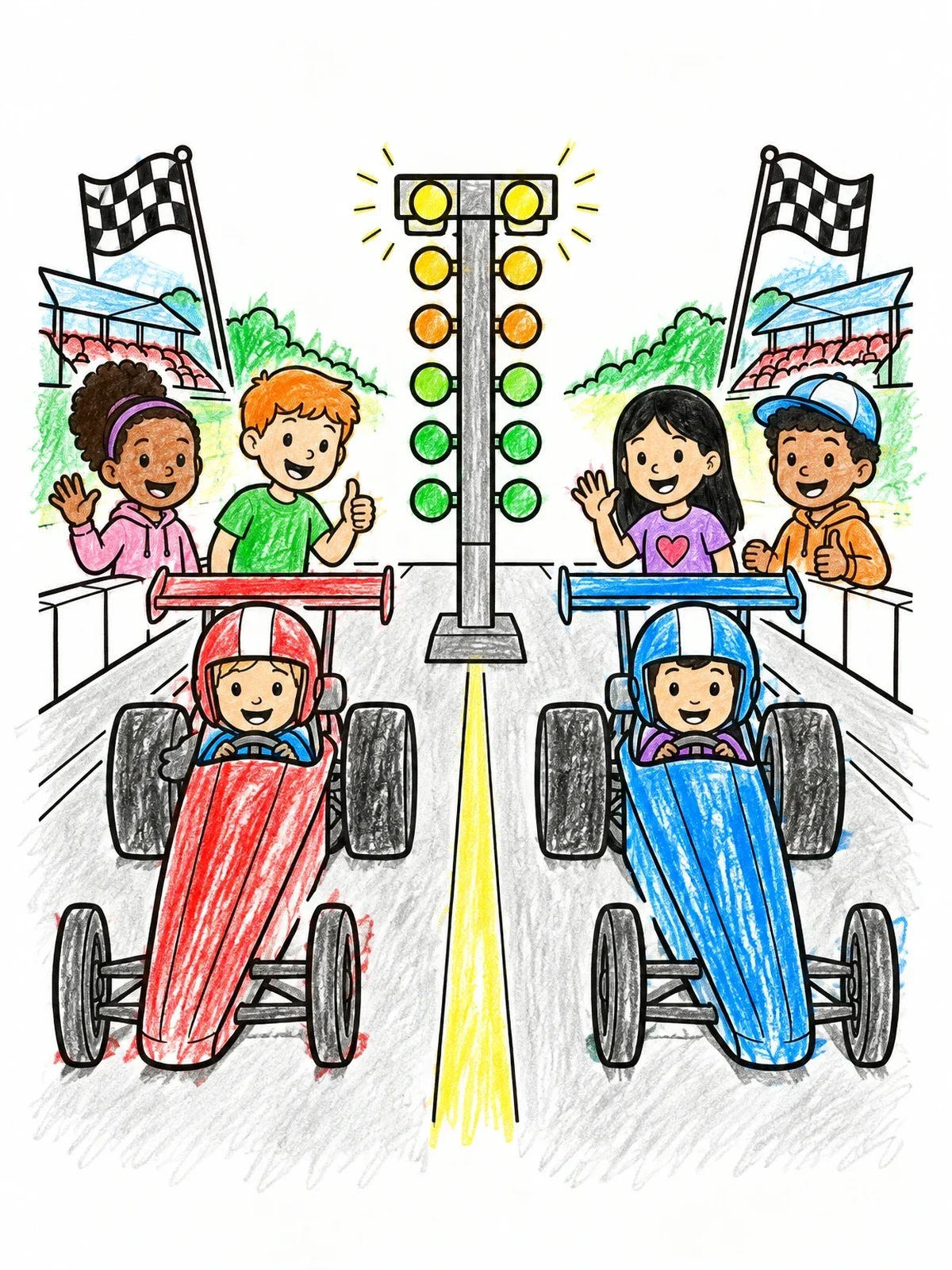 Colored example of the Junior Dragster Race At Starting Line coloring page