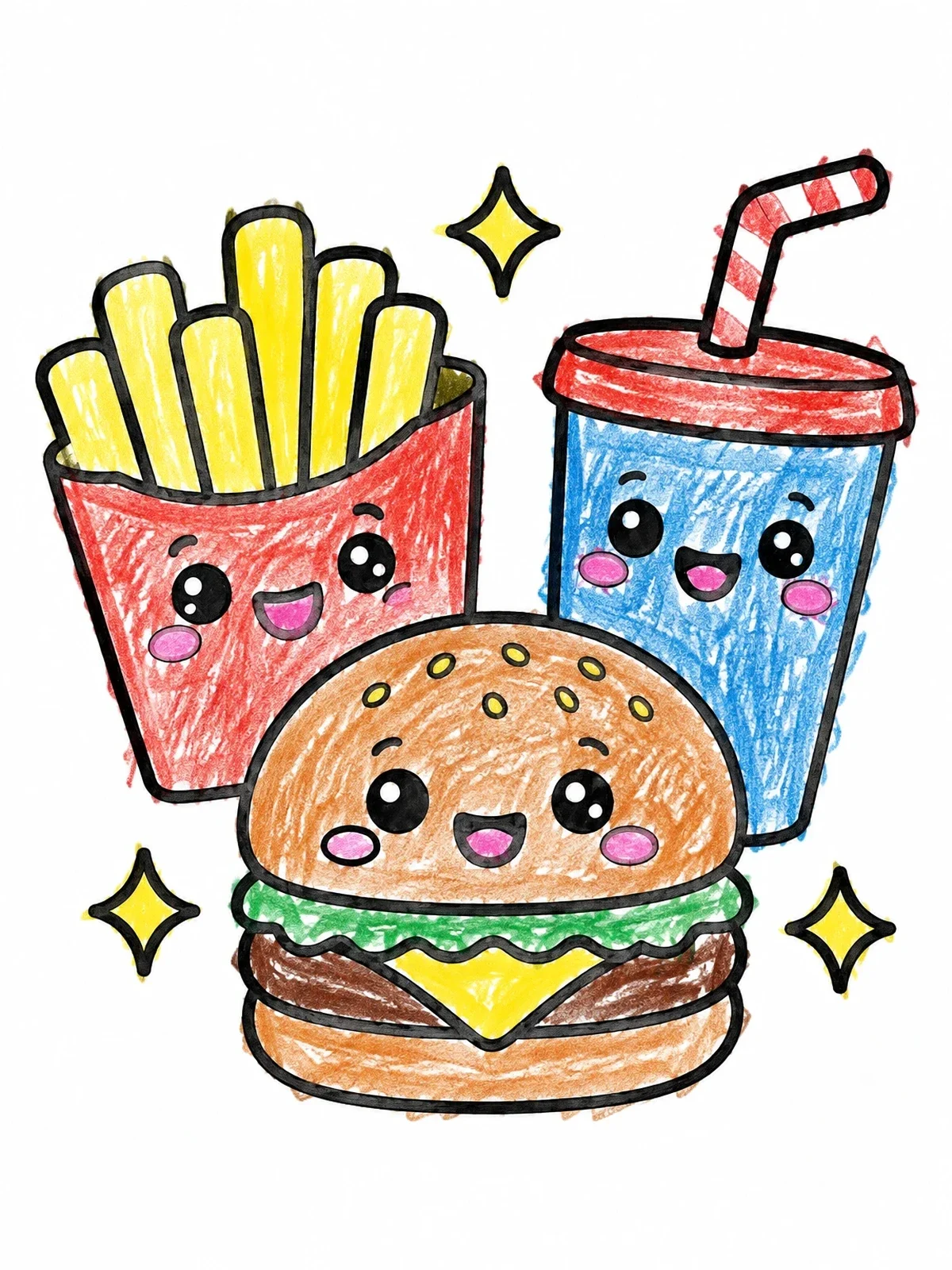 Colored example of the Cheerful Fast Food Trio coloring page