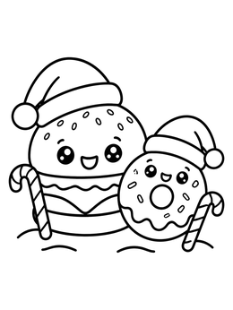 A festive junk food kawaii food coloring page with a cute burger and donut wearing Santa hats.