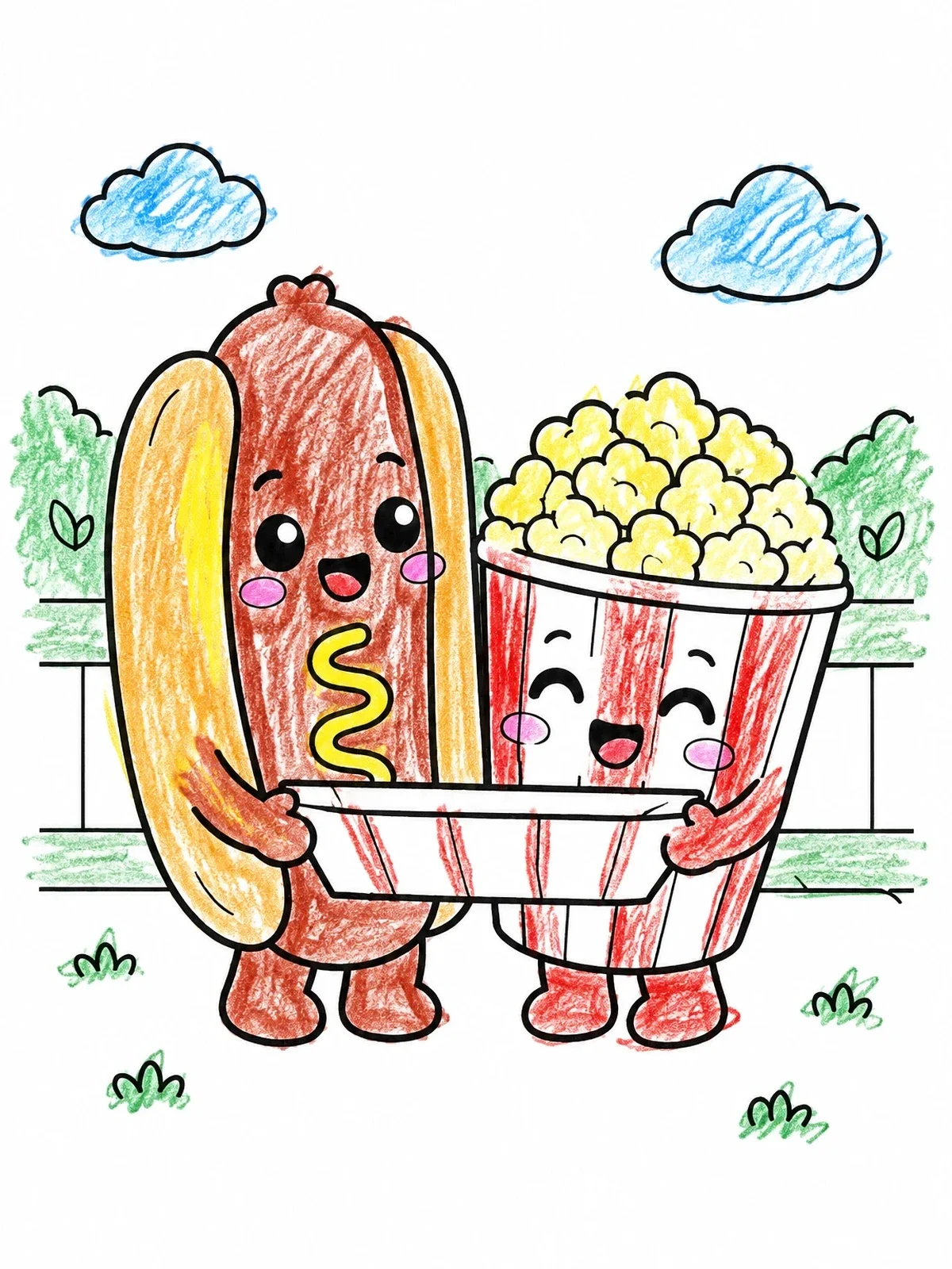Colored example of the Cute Hot Dog And Popcorn Friends coloring page