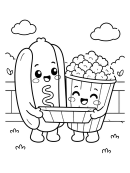 Free printable Cute Hot Dog And Popcorn Friends coloring page