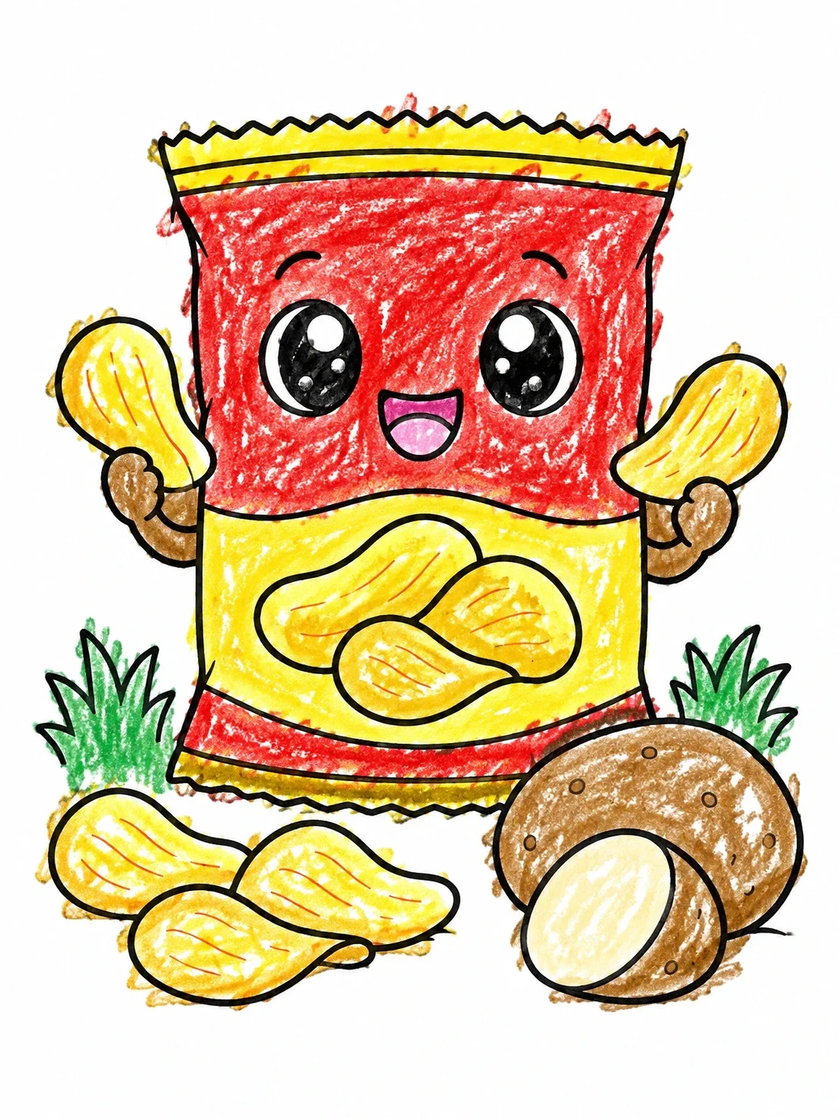 Colored example of the Cute Potato Chip Bag Mascot coloring page