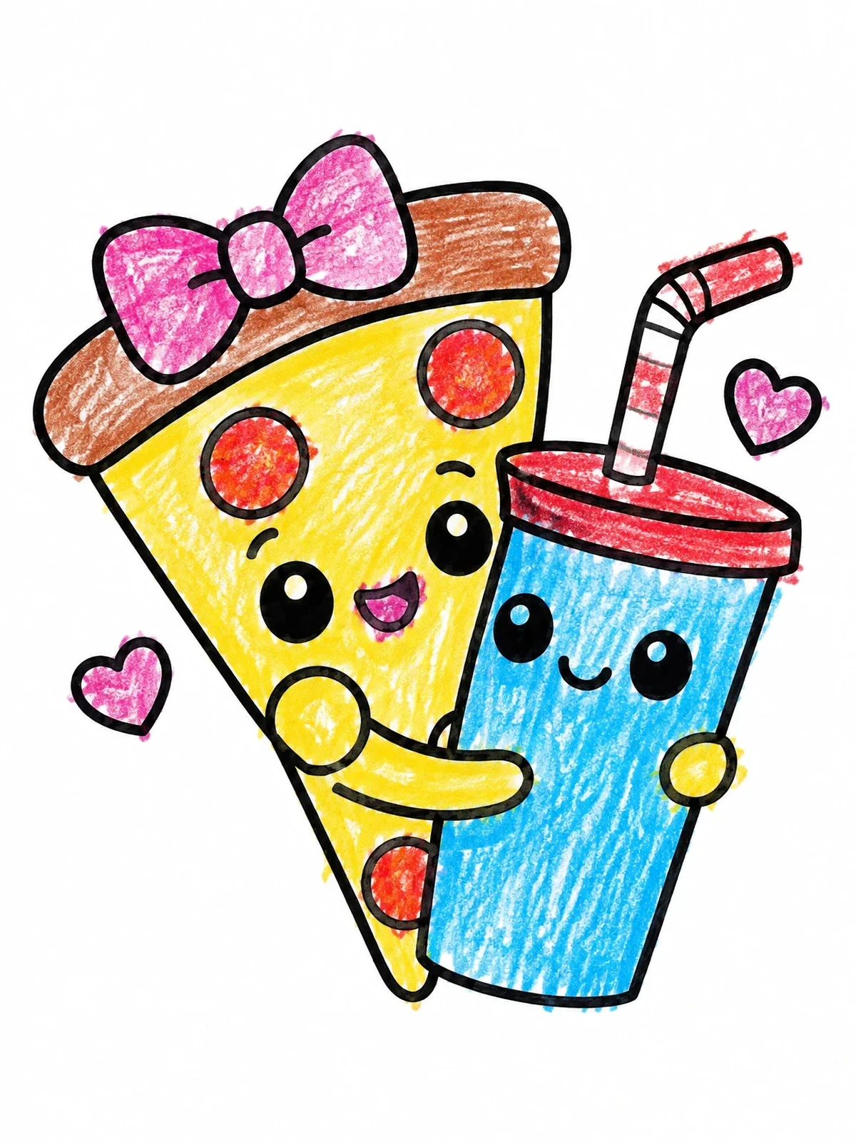Colored example of the Cute Pizza Hugging Soda Cup coloring page