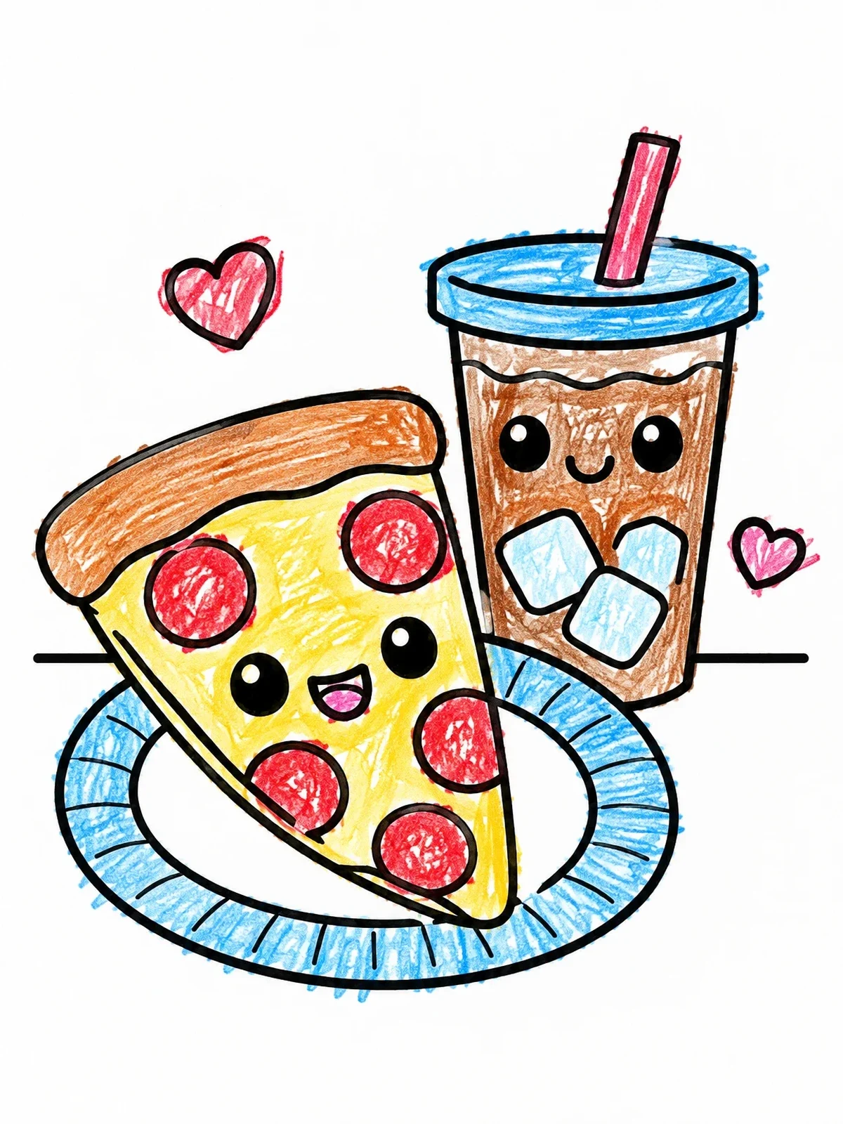 Colored example of the Cute Pizza Slice And Iced Drink coloring page