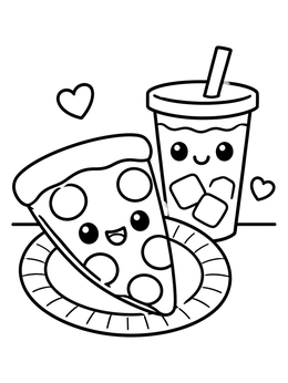 Free printable Cute Pizza Slice And Iced Drink coloring page