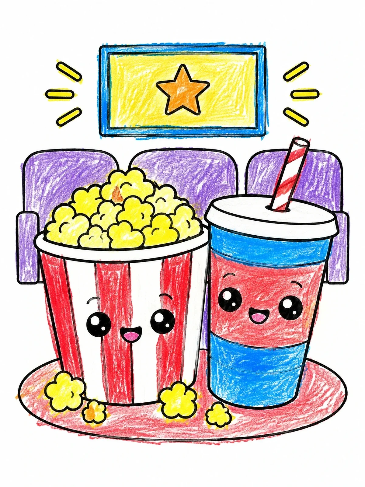 Colored example of the Cute Popcorn And Soda Movie Snack coloring page