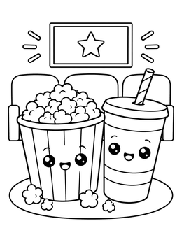 A junk food kawaii food coloring page with cheerful cinema popcorn and a drink.