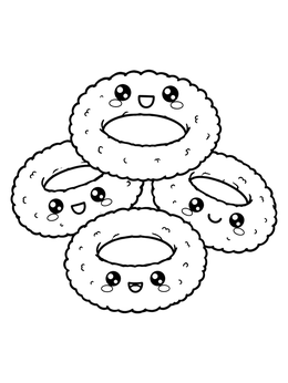 A happy junk food kawaii food coloring page featuring four cheerful crispy onion rings.