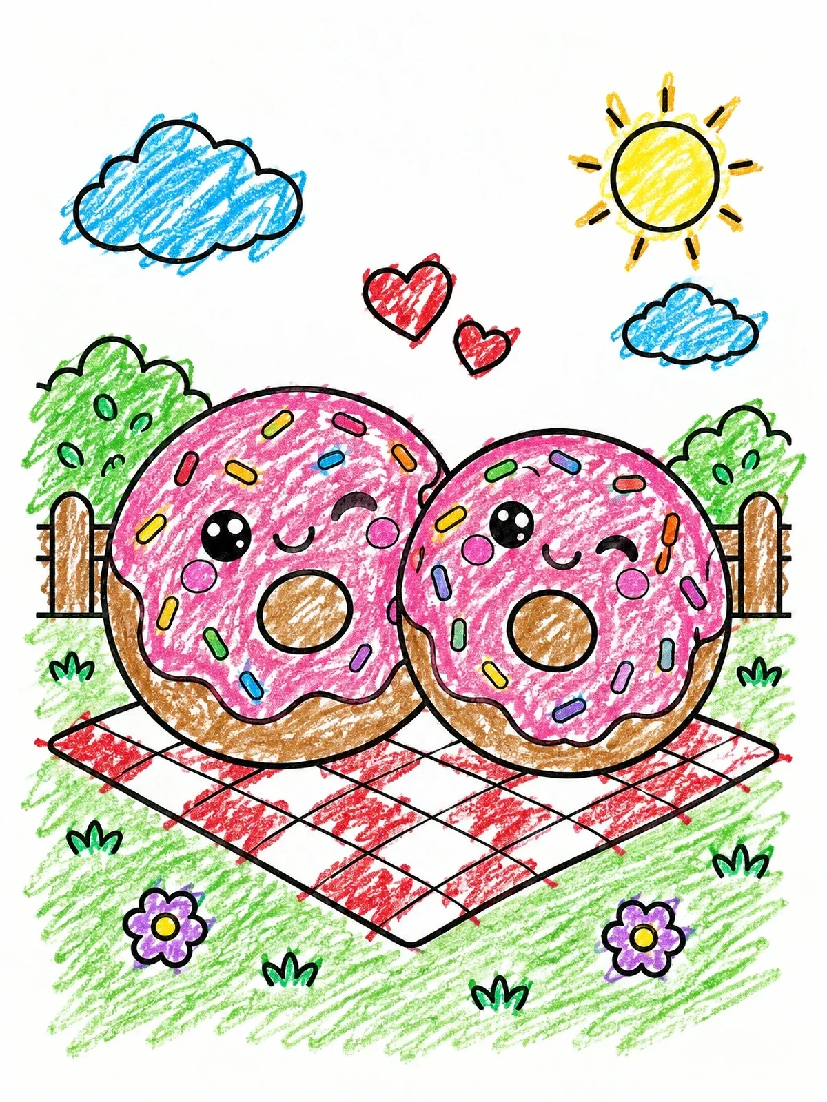 Colored example of the Cute Winking Donuts On Picnic Blanket coloring page