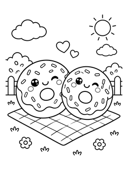 Free printable Cute Winking Donuts On Picnic Blanket coloring page