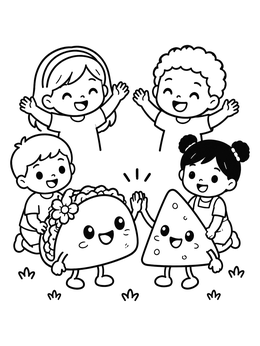 A happy taco and nacho chip high-five on this junk food kawaii food coloring page.