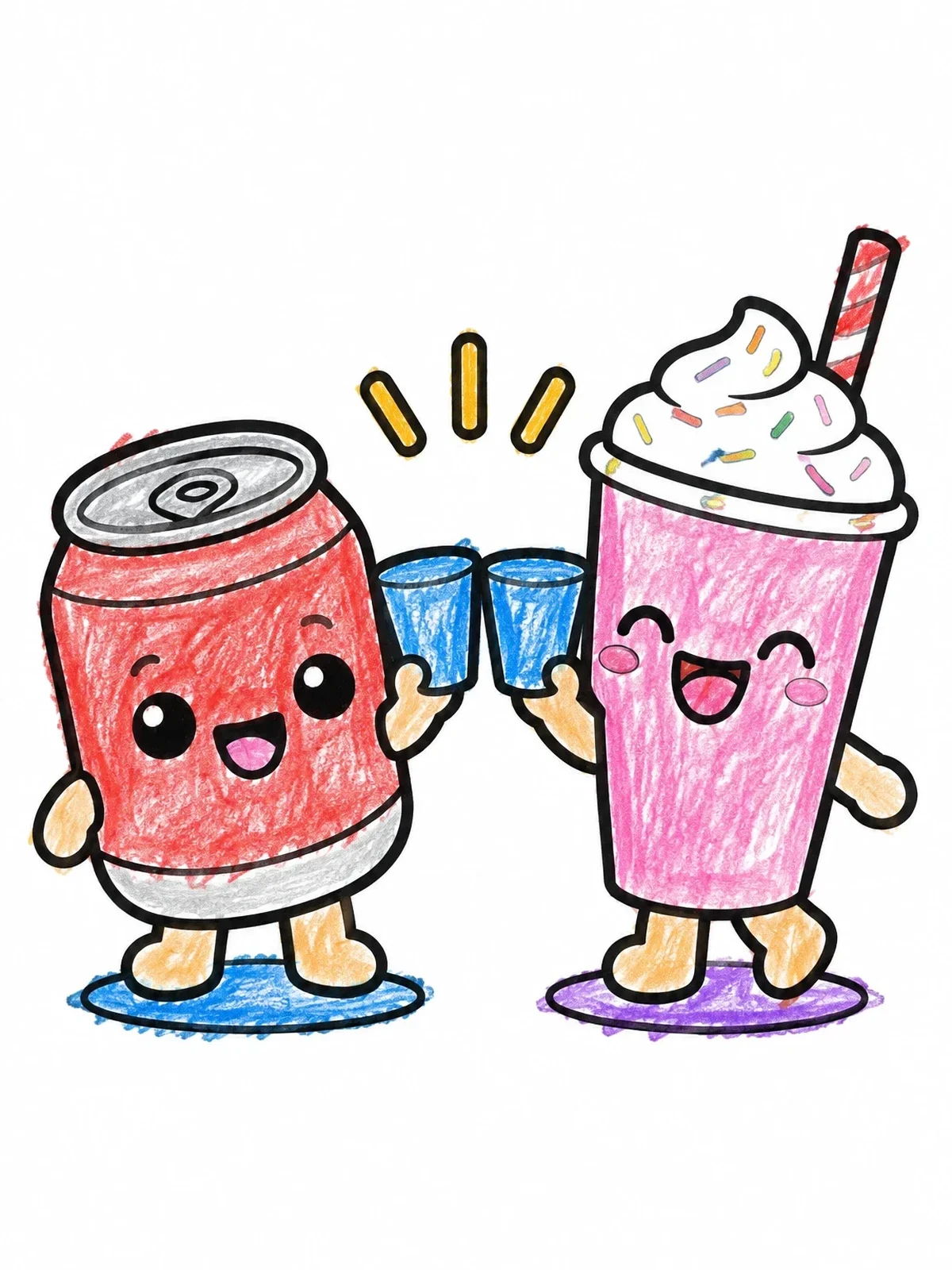 Colored example of the Cheerful Soda Can And Milkshake Clinking Cups coloring page