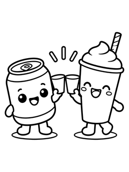 A junk food kawaii food coloring page featuring a happy soda can and milkshake cup toasting together.