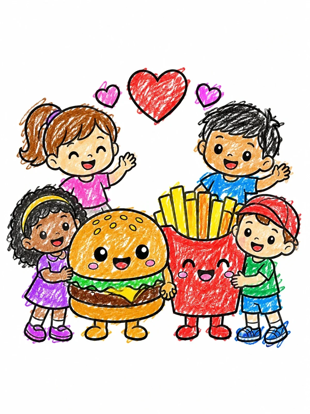 Colored example of the Happy Kids With Burger And Fries coloring page
