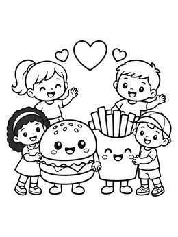 Free printable Happy Kids With Burger And Fries coloring page