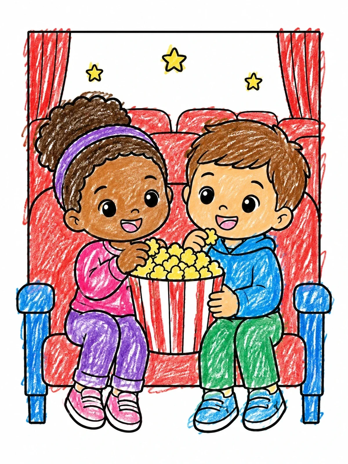 Colored example of the Kids Sharing Movie Theater Popcorn coloring page