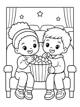 Free printable Kids Sharing Movie Theater Popcorn coloring page