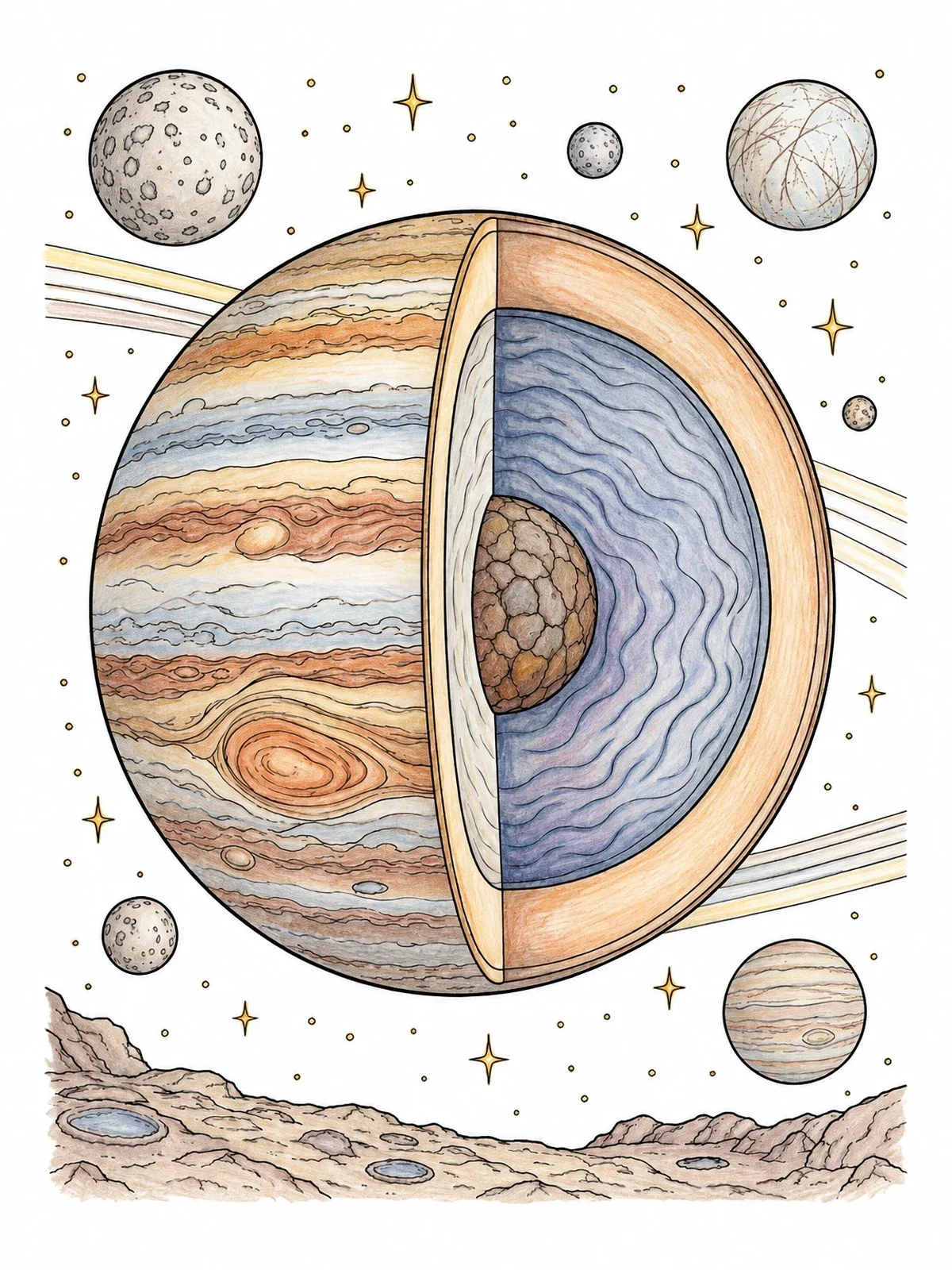 Colored example of the Jupiter Cross Section And Moons coloring page