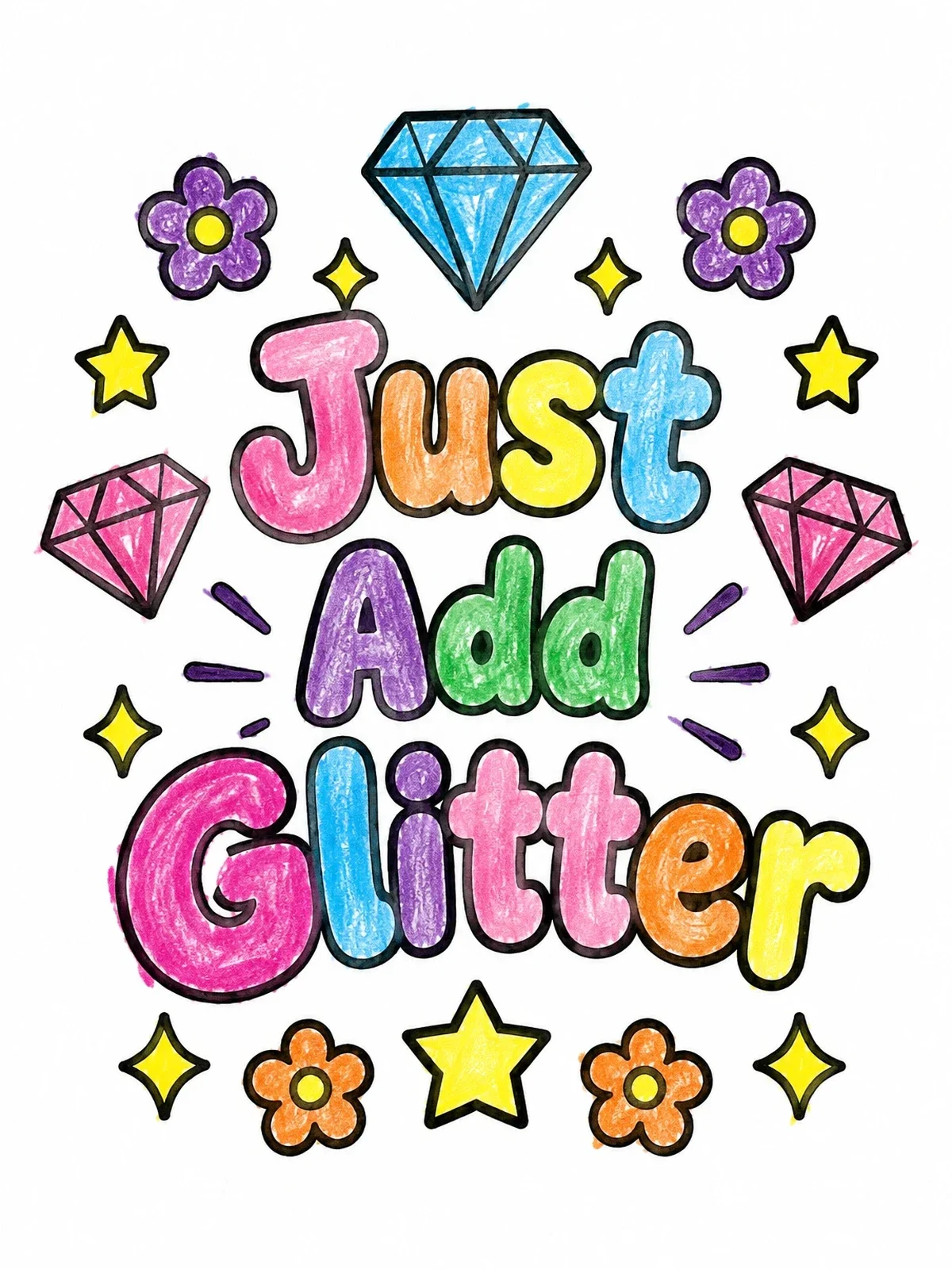Colored example of the Just Add Glitter Bubble Lettering coloring page