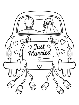 A vintage wedding coloring page featuring newlyweds driving away in a decorated car with cans trailing behind.