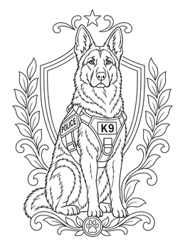A noble German Shepherd sitting in uniform on this police station coloring page.