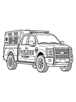 A detailed police truck coloring page showing a realistic K-9 unit vehicle with kennel compartment.