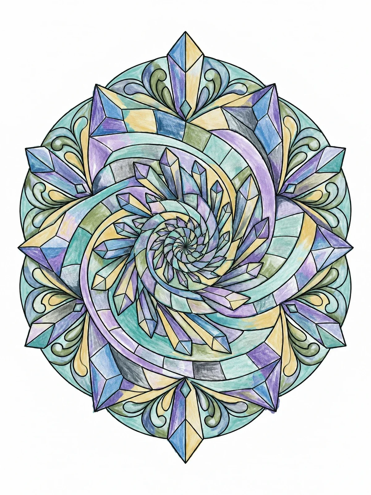 Colored example of the Crystal Spiral Geometric Mandala coloring page