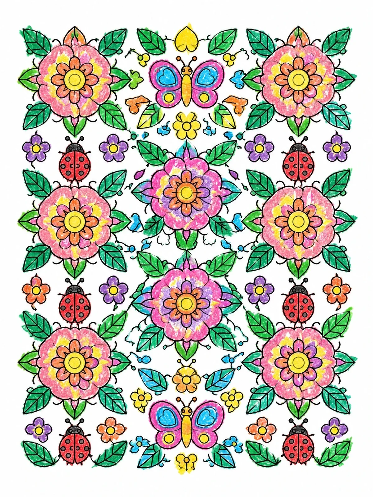 Colored example of the Symmetrical Garden Pattern With Butterflies coloring page