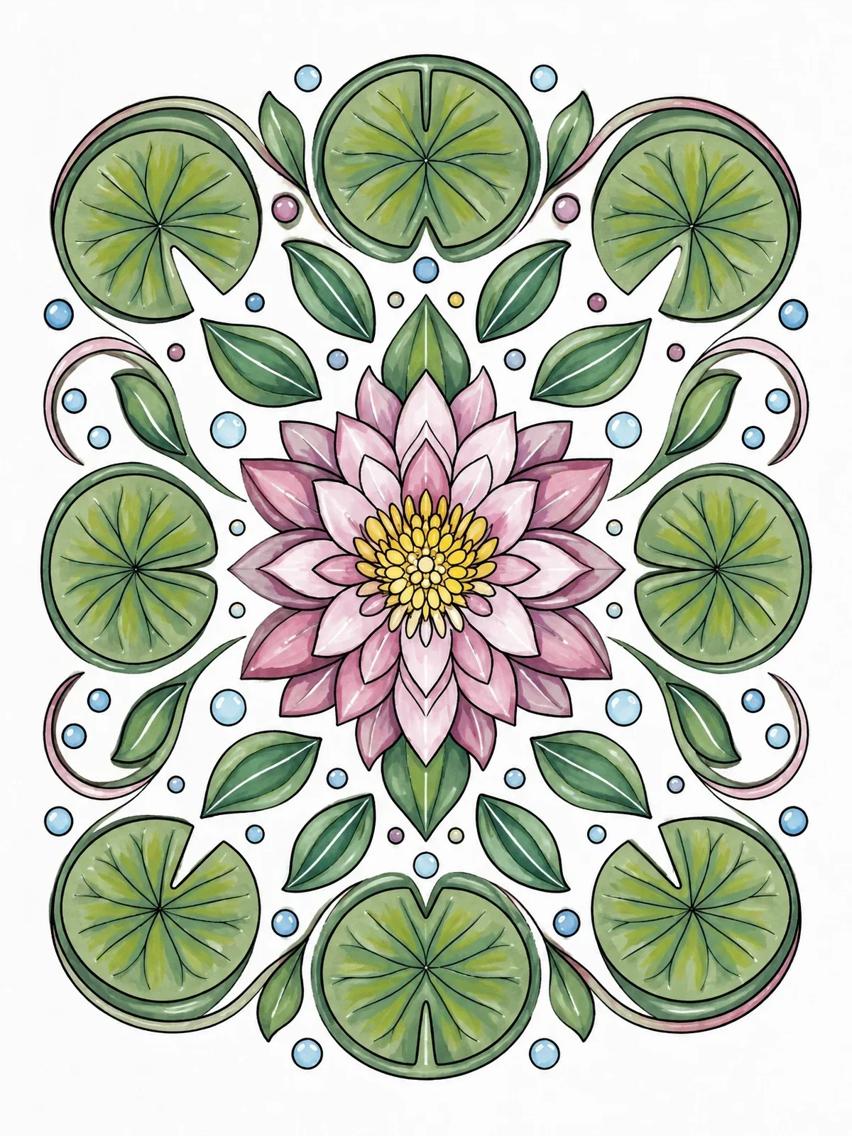 Colored example of the Water Lily Mandala Pattern coloring page