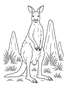 A kangaroo coloring page featuring a male standing tall among grass tufts and termite mounds.