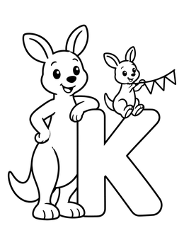 A friendly kangaroo and joey with a letter K on this kangaroo coloring page.