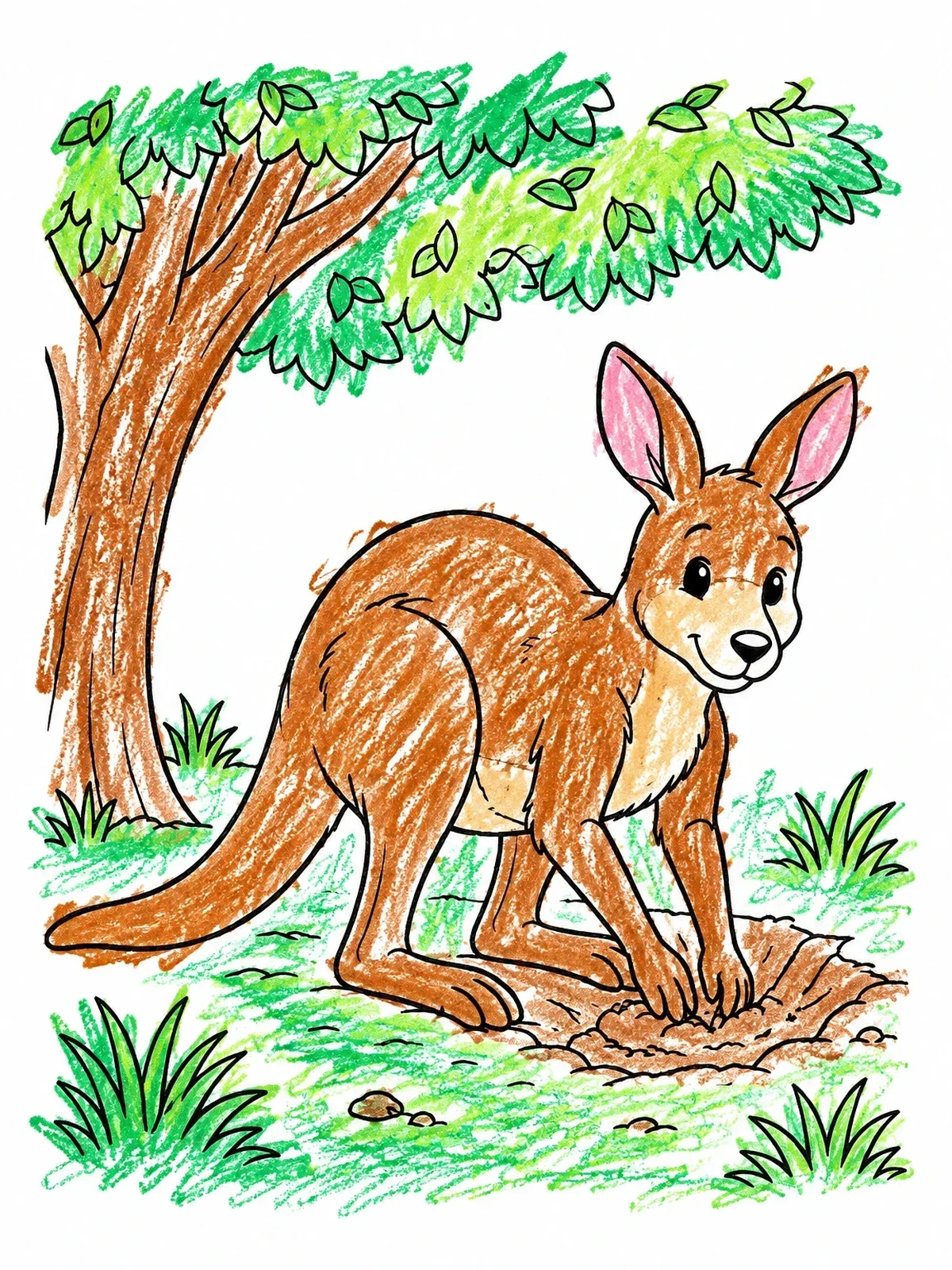 Colored example of the Kangaroo Digging Under The Tree coloring page