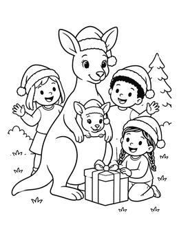Free printable Kangaroo Family And Children Celebrating Christmas coloring page