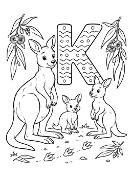 A kangaroo family beside letter K on this kangaroo coloring page.