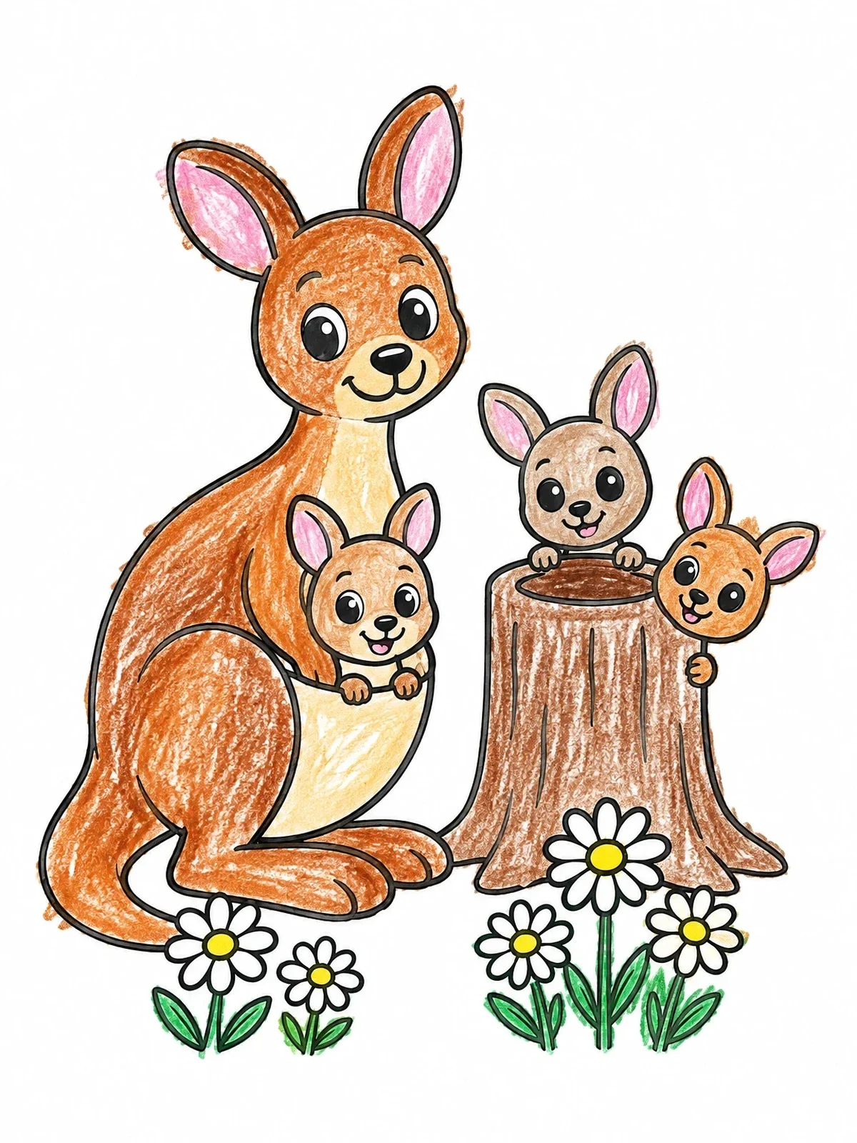 Colored example of the Kangaroo Family And Peekaboo Joeys coloring page