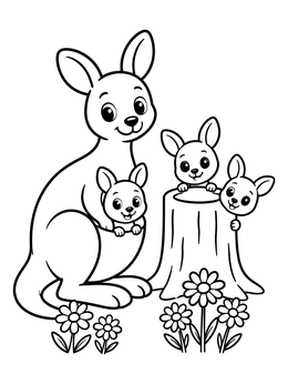 A sweet kangaroo coloring page featuring a mother with a pouch joey and two joeys behind a stump.