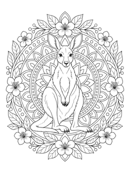 Detailed kangaroo coloring page inside a circular floral mandala pattern.