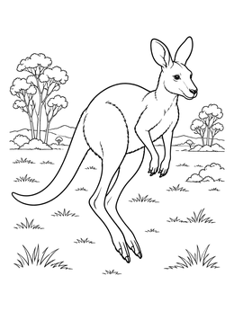 A kangaroo coloring page showing a kangaroo leaping gracefully across the grassy Australian outback.