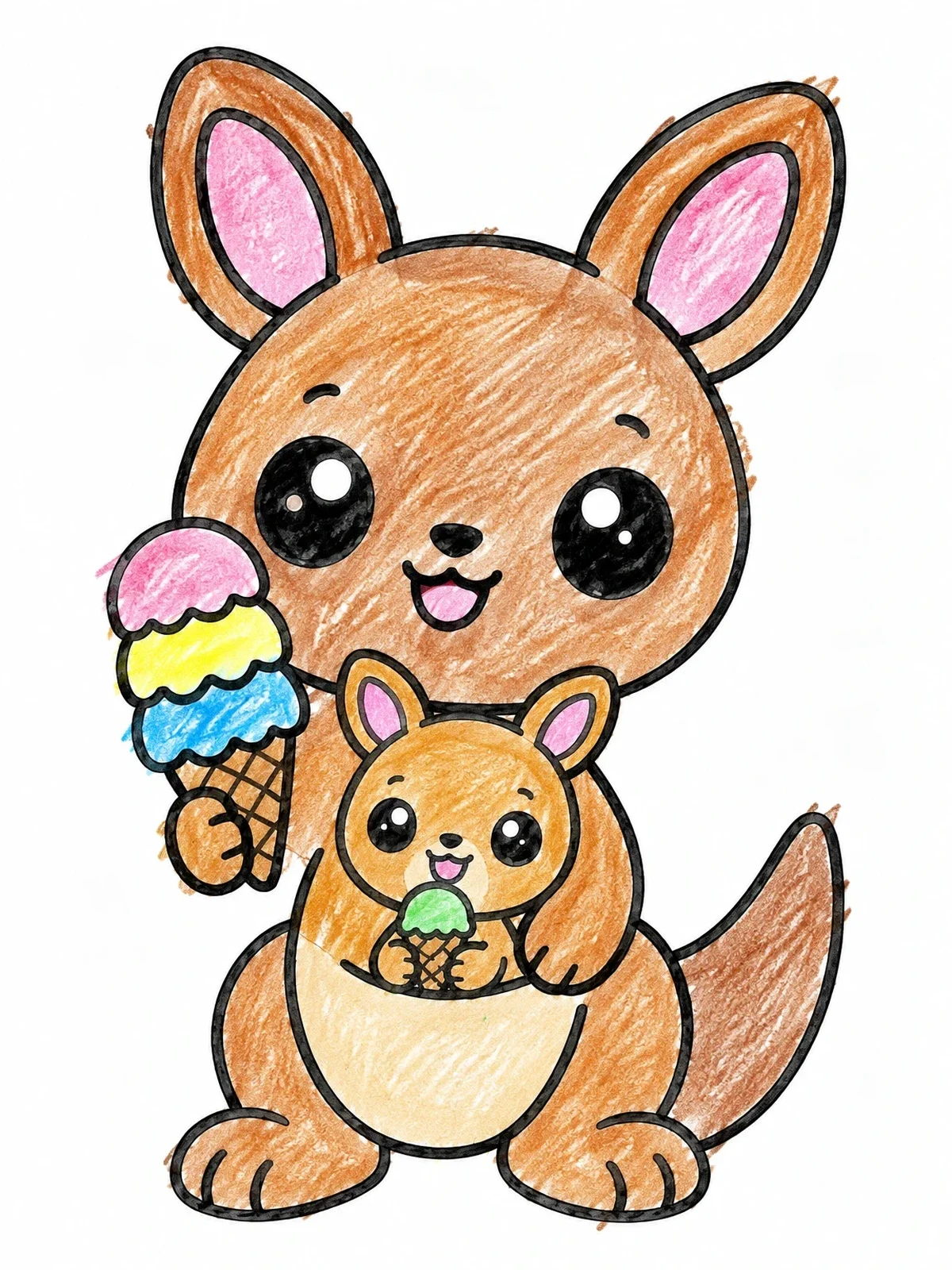 Colored example of the Kangaroo And Joey With Ice Cream coloring page